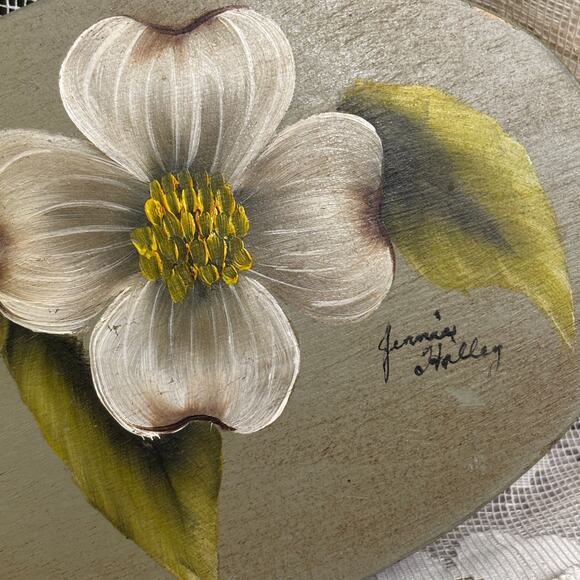 Vintage Hand Painted Oval Vanity Mirror Dogwood Flower Signed Jennie Halley - Picture 3 of 8